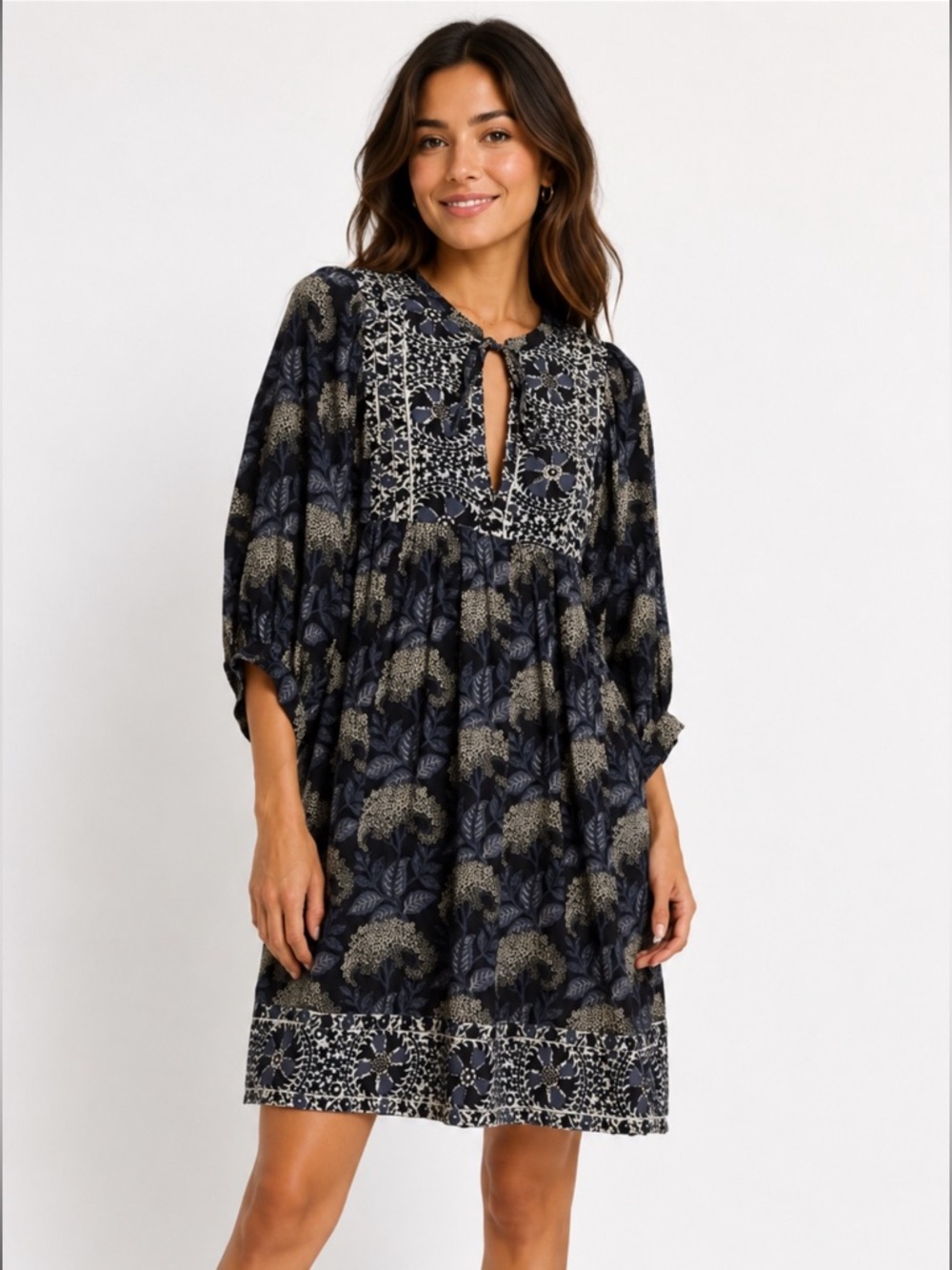 ba&sh Navy Floral Boho Tie-Neck Babydoll Dress - size 6 - Picture 3 of 7